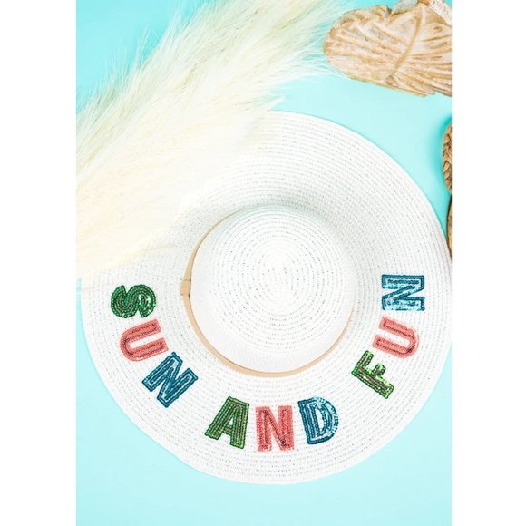 Straw Sun Hat. White. Colorful Sequin Letters, Sun and Fun. NWT - Picture 2 of 5